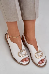 Leather Sandals On A Flat Heel With Decoration Light Beige 2865