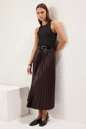 Brown*001 Straight Flared Pleated Maxi Skirt