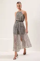 Ecru Polka Dot Patterned Midi Chiffon Lined Woven Dress