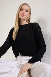 Black Crew Neck Openwork Knitted Sweater