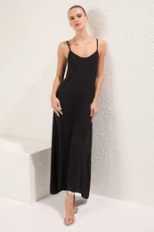 Black Straight Cut V Neck Maxi Woven Dress