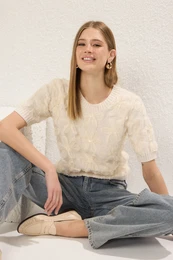 Stone Tulle Star Print Knitwear Medium Blouse