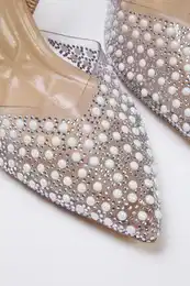 Beige Faux Pearl Detailed Stoned Open Back Vinyl Women's Evening High Heel Shoes TAXSS25TO00007