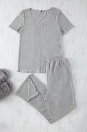 Curve Gray Pointel Openwork/Hole Knitted Pajama Set