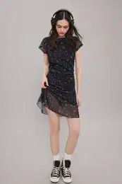 Black Floral Gathered/Draped Mini Printed Tulle Fitted/Fits Body Stretchy Knit Dress
