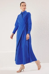 Pleated Cotton Woven Dress with Double Breasted Closure