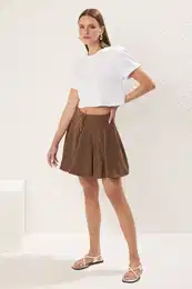 Brown Hem Flounce Button Detailed Mini Linen Look Woven Skirt