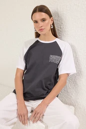Anthracite 100% Cotton Color Block Slogan Relaxed Cut Knitted T-Shirt