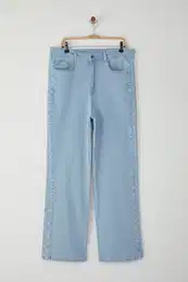 Curve Light Blue High Waist Embroidered Detail Straight Fit Denin Plus Size Jeans