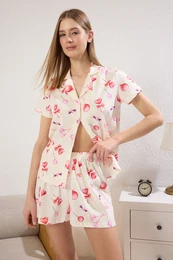 Ecru 100% Cotton Heart Shorts Knitted Pajama Set
