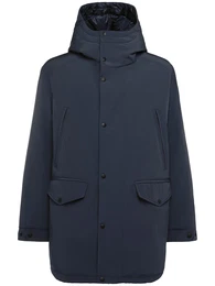 Lange Daunenjacke Aus Technostoff Und Baumwolle