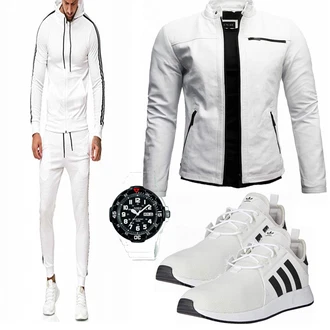 Outfit mit Grau/Weiß/Hellgrau KunstLederjacke/Motorradjacke/Bikerjacke/Jacke mit Seitlichem Reißverschluss Crone "ADIDAS"