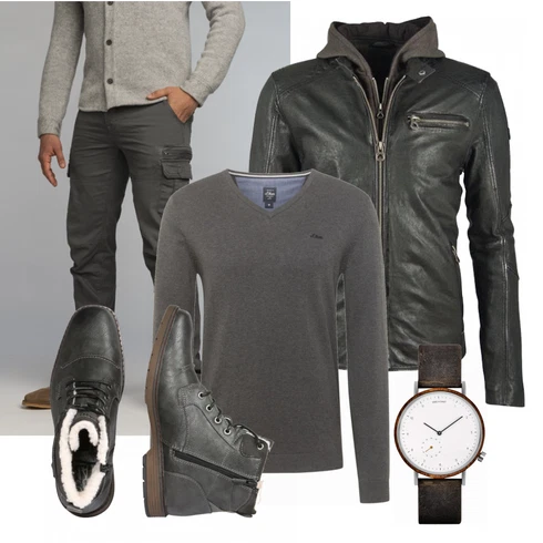 Blau/Grau Schuh Stiefel Mustang kombinieren mit Grau Strickjacke S.Oliver