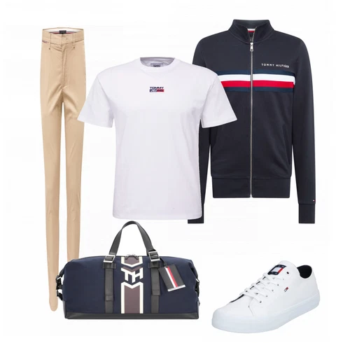 Weiß Schuh Sneaker Tommy Jeans kombinieren mit Beige Hose Tommy Hilfiger