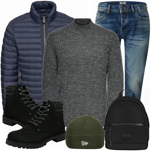 Blau/Schwarz Sommerjacke Marc O'Polo kombinieren mit Grau/Schwarz Strickjacke Only & Sons