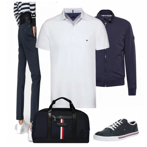 Blau Hose Große Größe Tommy Hilfiger kombinieren mit Grau/Weiß T-Shirt Poloshirt Tommy Hilfiger