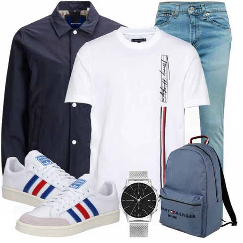 Weiß/Schwarz SommerJacke Jack & Jones kombinieren mit Türkis Jeans levi's