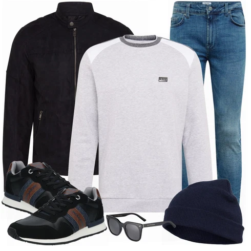 Schwarz Sneaker Jack & Jones kombinieren mit Schwarz Lederjacke Jack & Jones