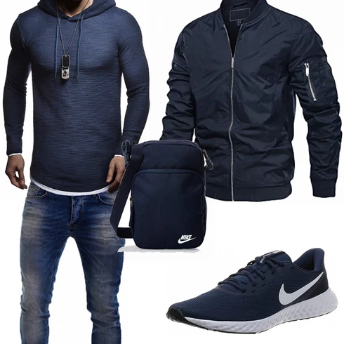 Schick Dunkelblau Sport Hoodie/Wickel Pullover/Ausgefallener Hoodie/Strick Hoodie/Pullover mit Stehkragen Leif Nelson kombinierenLook: Schick, Moderne, Goa, Leger, Coole, Empire, Schön, Maritim