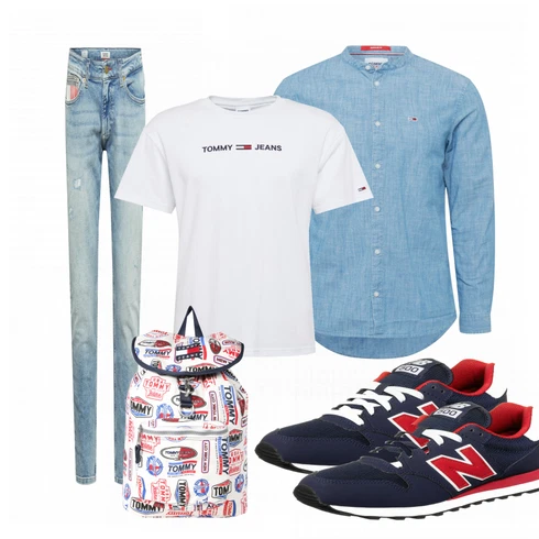 Blau Sportschuh New Balance kombinieren mit Casual Hemd Tommy Jeans