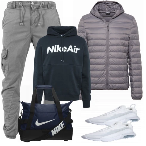 Schwarz Schultertasche Nike kombinieren mit Grau Sommerjacke Urban Classics