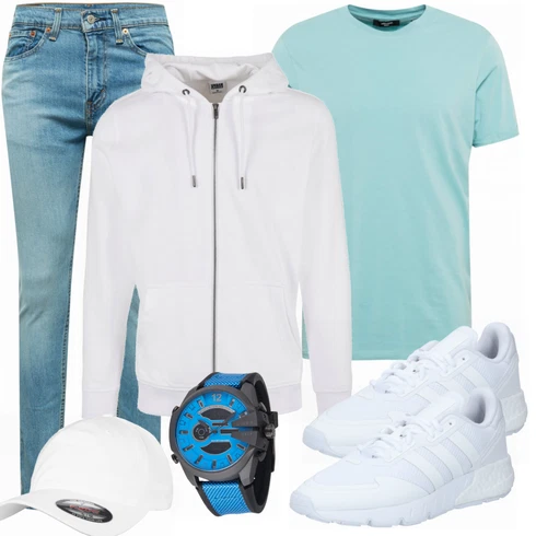 Weiß/Blau T-Shirt Jack & Jones kombinieren mit Weiß/Grau Hoodie Urban Classics