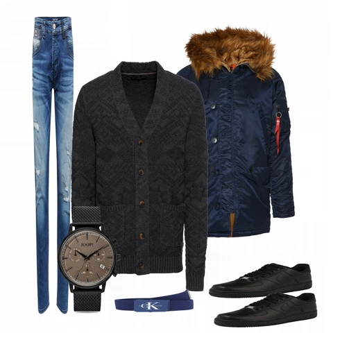 Schwarz Winterjacke Alpha Industries kombinieren mit Gürtel