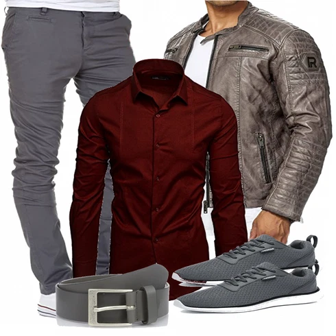 Grau/Khaki/Braun/Dunkelbraun Jacke mit Seitlichem Reißverschluss/Leder Bomberjacke/Motorradjacke/Vintage Lederjacke/Bikerjacke/KunstLederjacke Redbridge kombinieren mit Mischfarben/Grau Hemd Amaci&Sons