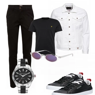 Outfit mit Schwarz Schuh Sneaker Guess "Auffaellige runde Sonnenbrillen fuer Herren"