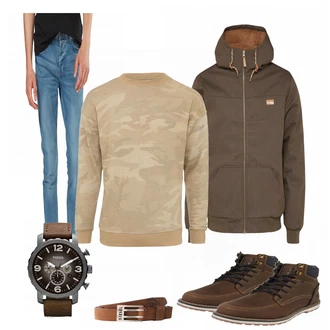 Outfit mit Beige Hoodie Sweatshirt Urban Classics "AutumnBrownLook"