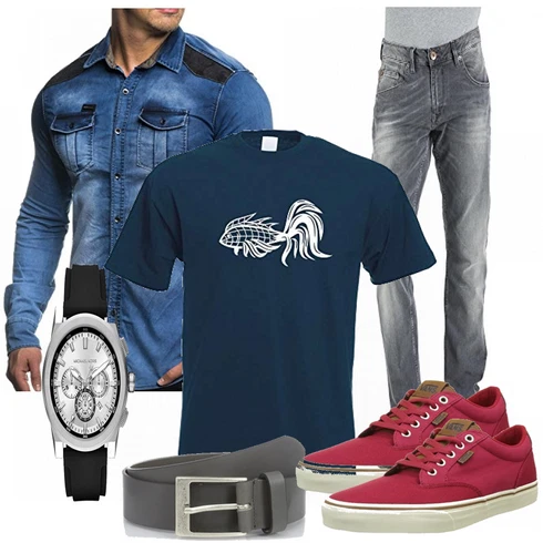 Blau T-Shirt kombinieren mit Rot Trachtenmode Vans