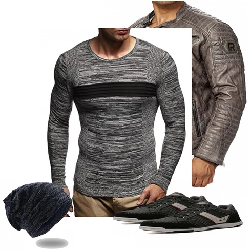 Blau Sneaker AX BOXING kombinieren mit Grau/Khaki/Braun/Dunkelbraun Jacke mit Seitlichem Reißverschluss/Leder Bomberjacke/Motorradjacke/Vintage Lederjacke/Bikerjacke/KunstLederjacke Redbridge