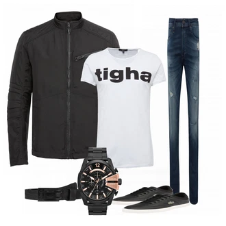 Outfit mit Weiß T-Shirt Tigha "BadBoy"