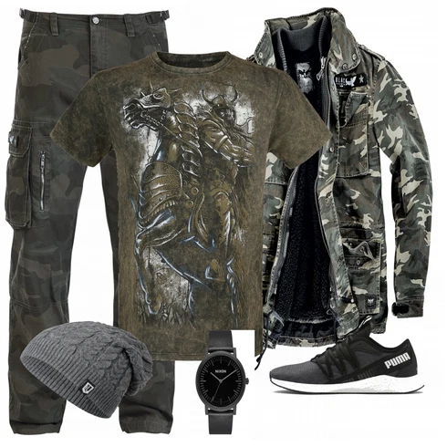 Schwarz Sportschuh Puma kombinieren mit Braun T-Shirt EMP