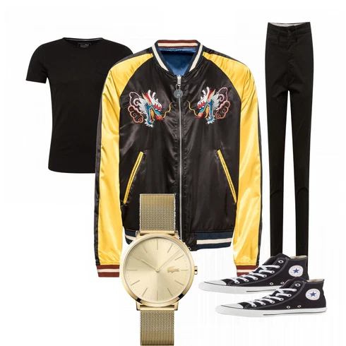 Schwarz Hose Jack & Jones kombinieren mit Blau Sommer Schuh Converse