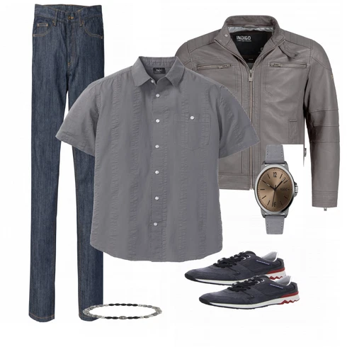 Blau Sneaker Floris van Bommel kombinieren mit Grau Lederjacke Indicode Jeans
