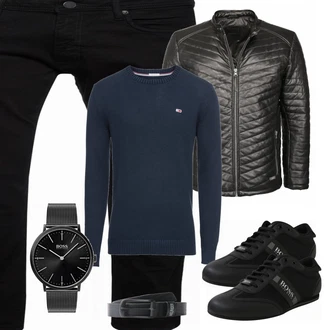 Outfit mit Schwarz/Grau Lederjacke Mustang "BOSS"
