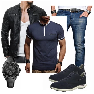 Echtleder Outfit mit Schwarz Jacke mit Seitlichem Reißverschluss/Motorradjacke/KunstLederjacke/Bikerjacke Redbridge "BOSS"