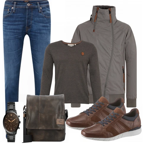 Blau Jeans Jack & Jones kombinieren mit Braun Schuh Sneaker Bruno Banani