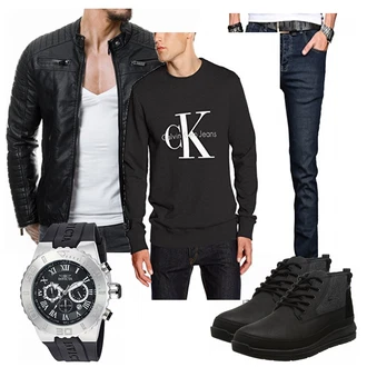 Outfit mit Schwarz Jacke mit Seitlichem Reißverschluss/Motorradjacke/KunstLederjacke/Bikerjacke Redbridge "Calvin"