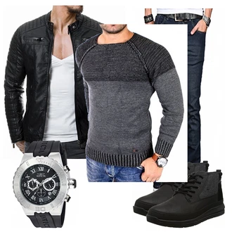 Outfit mit Schwarz Jacke mit Seitlichem Reißverschluss/Motorradjacke/KunstLederjacke/Bikerjacke Redbridge "Calvin"