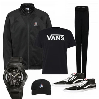 Outfit mit Schwarz T-Shirt Vans, Schwarz Sneaker/Leder Sneaker Vans "Churros"
