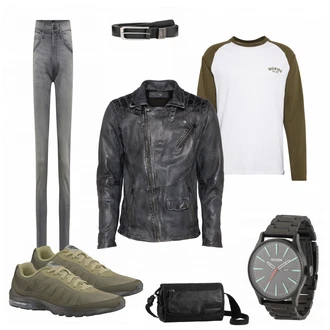 Outfit mit Schwarz/Grau Lederjacke Freaky Nation "Colin"