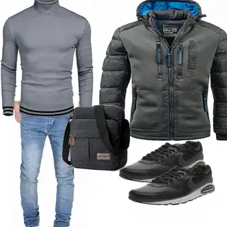 Hochzeitsgast Outfits Elegant mit Grau/Dunkelblau/Dunkelgrau/Blau/Dunkelgrün Skijacke/Thermojacke/Kunstfaserjacke/Außergewöhnliche Jacke/Trachtenstrickjacke/Hybridjacke/Outdoorjacke/Puffer Jacke/Kapuzenjacke/Isolationsjacke/Winterjacke Geographical Norway "Cooles outfit"Look: Elegant, Rap, Uni, Workwear, Outdoor