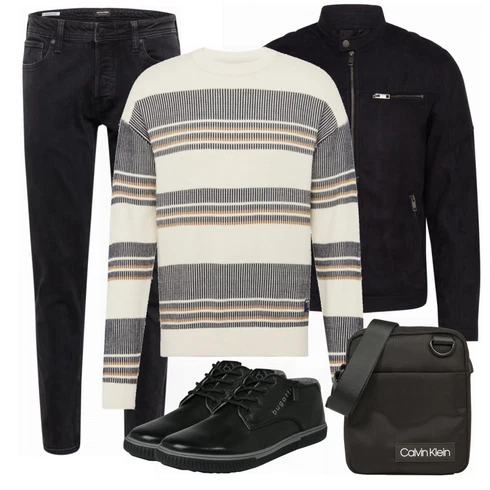 Blau Sneaker Bugatti kombinieren mit Schwarz Lederjacke Jack & Jones