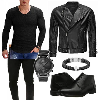 Outfit mit Schwarz/Dunkelrot/Grau Jacke mit Seitlichem Reißverschluss/Motorradjacke/KunstLederjacke/Bikerjacke Redbridge "Cooles Outfit"