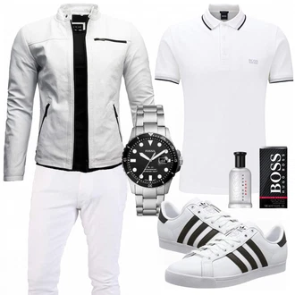 Outfit mit Grau/Weiß/Hellgrau KunstLederjacke/Motorradjacke/Bikerjacke/Jacke mit Seitlichem Reißverschluss Crone "Cooles Outfit"