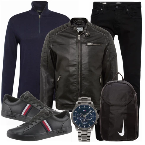 Schwarz Sneaker Tommy Hilfiger kombinieren mit Schwarz Lederjacke Jack & Jones