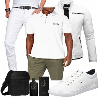 Outfit mit Grau/Weiß/Hellgrau KunstLederjacke/Motorradjacke/Bikerjacke/Jacke mit Seitlichem Reißverschluss Crone "Cooles Outfit"