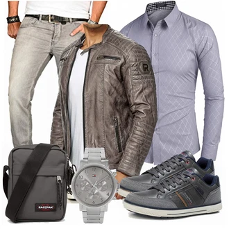 Outfit mit Grau/Khaki/Braun/Dunkelbraun Jacke mit Seitlichem Reißverschluss/Leder Bomberjacke/Motorradjacke/Vintage Lederjacke/Bikerjacke/KunstLederjacke Redbridge "Cooles Outfit"